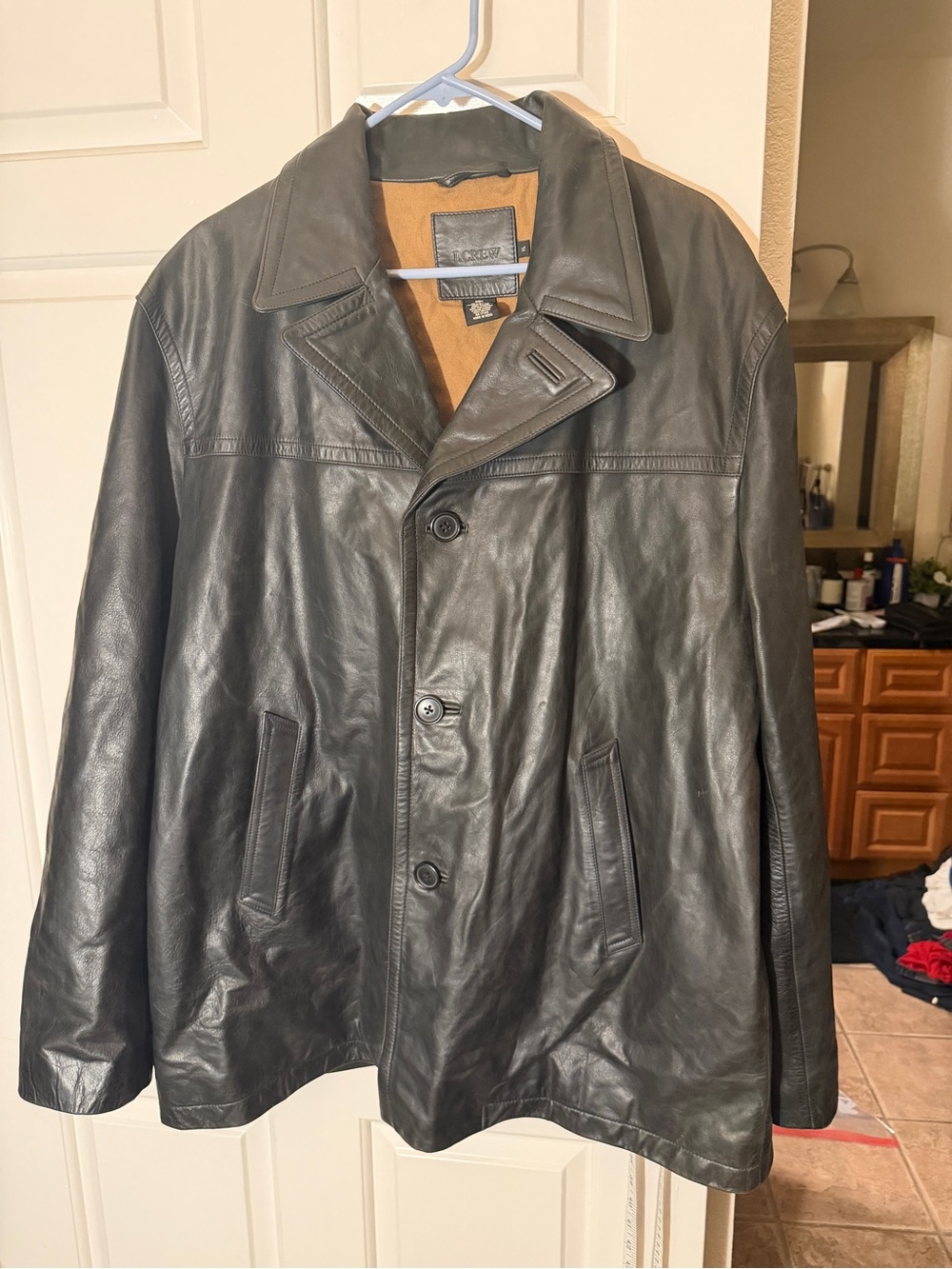 J.Crew Black Leather Car Coat Jacket Men’s XL Quilted Lined Genuine Leather